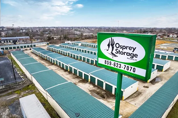 Aerial view of rows of storage units at Osprey Storage Richmond facility with signage.