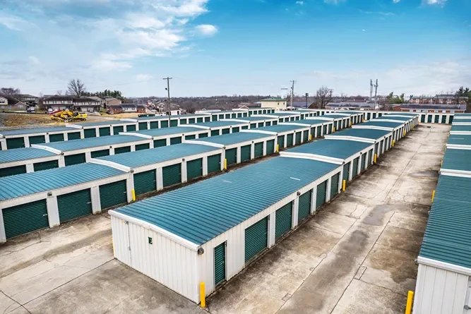 Aerial view of rows of storage units at Osprey Storage Richmond facility.