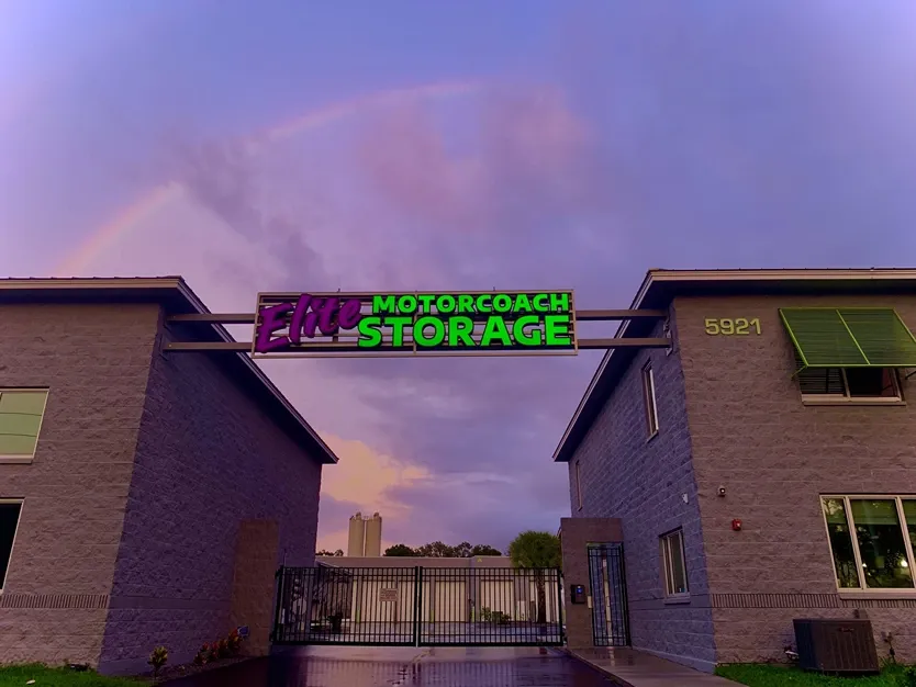 Exterior of signage at Elite Motorcoach Storage.