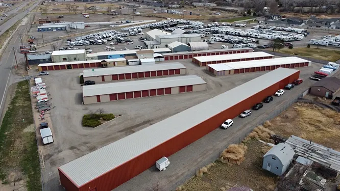 Aerial view of rows of storage units at HWY 50 Self Storage facility.