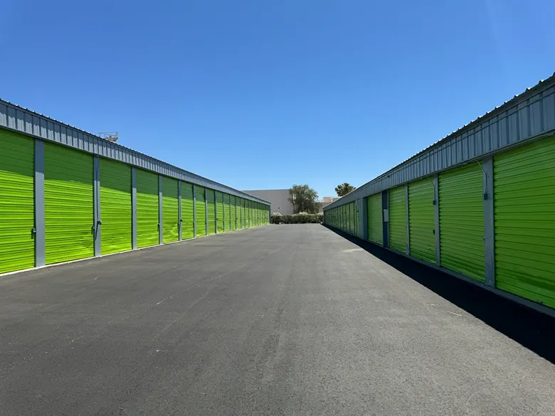 View of outdoor storage at Mountain Vista Mini Storage facility storage units.