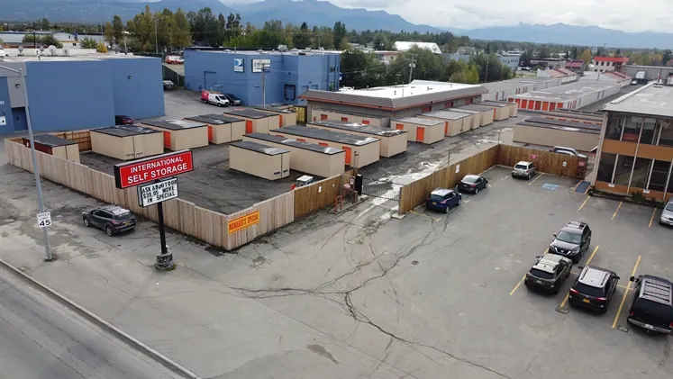 Aerial view of International Self Storage unit buildings and permanent signage