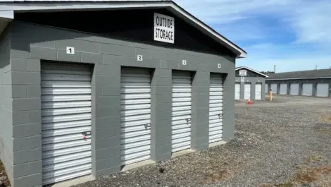 Exterior of outdoor storage units at Discount Mini Storage.