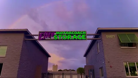 Exterior of signage at Elite Motorcoach Storage.