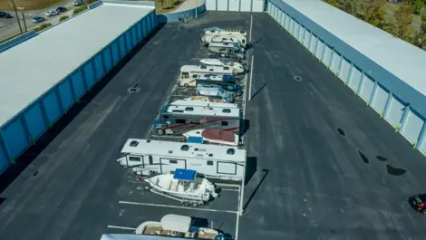 Aerial view of vehicle storage and buildings at Elite Motorcoach Storage.