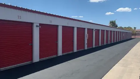 Exterior of outdoor red storage units.