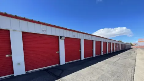 Exterior of outdoor red storage units.