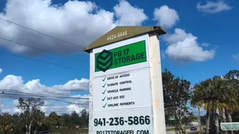View of signage at PG17 Storage facility.