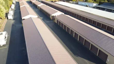 Outdoor View of multiple storage unit rows at Lambertville Mini Storage Secor.