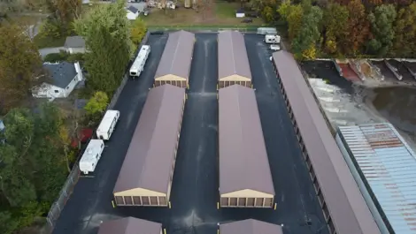 Side View of several storage unit buildings at Lambertville Mini Storage Secor.