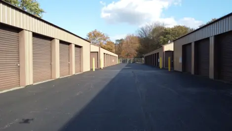 Close-up of metal roll-up unit doors at Lambertville Mini Storage Secor.
