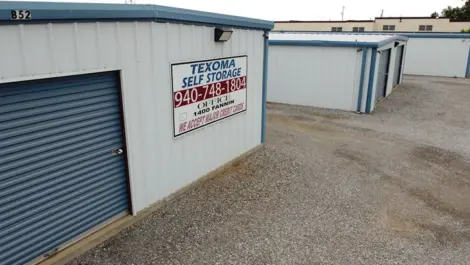 Exterior of outdoor storage units at Texoma Self Storage facility.
