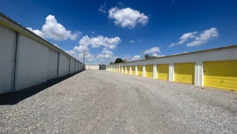 Side View of storage buildings with roll-up doors at Vernon Self Storage.