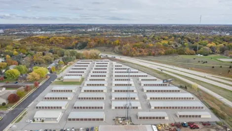 Wide View of unit buildings and access lanes at Osprey Storage Howard.