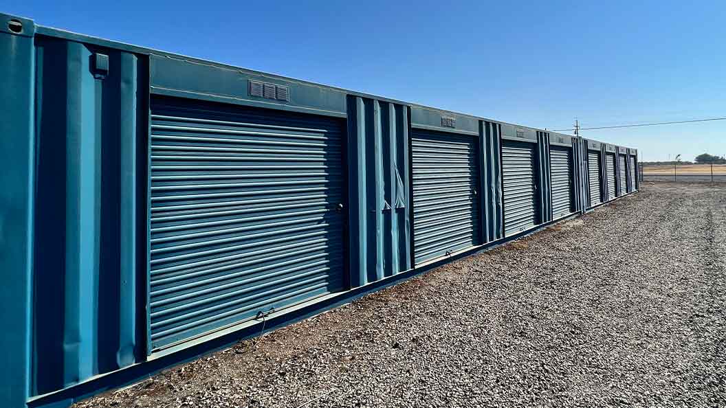 Exterior of storage units at Greenwood Mini Storage.