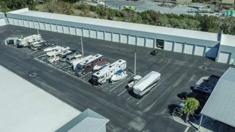 Aerial view of Elite Motorcoach Storage units and vehicle storage.