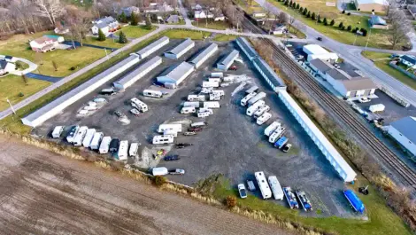 Aerial view of Discount Mini Storage units and parking spaces