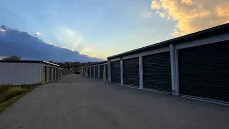 Sunset above multiple unit rows at Wagner Ford Self Storage.