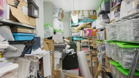 Overstuffed closet that is full and disorganized