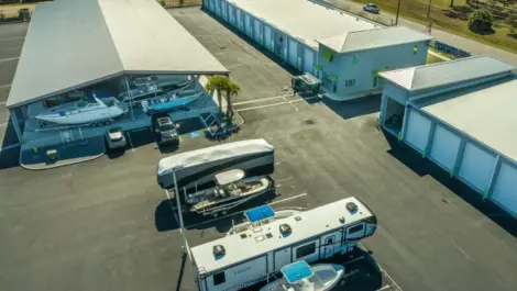 Aerial photo of Elite Motorcoach Storage showing covered, uncovered, and enclosed vehicle parking.